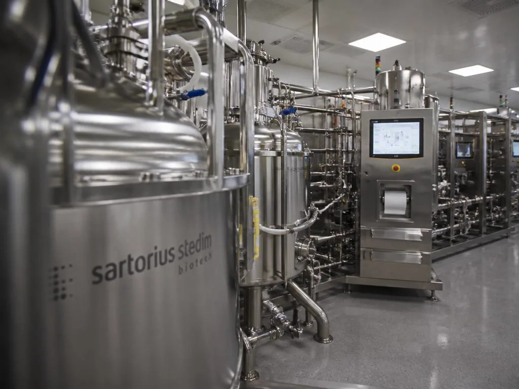 Stainless steel biotech manufacturing equipment in a clean room