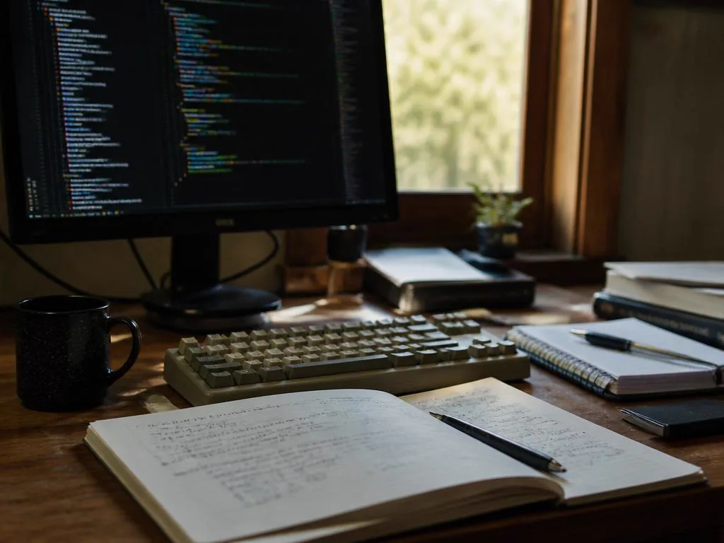 Developer desk with code on a monitor, mechanical keyboard, and a notebook