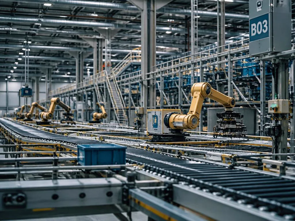 Automated logistics warehouse with conveyors and robotic arms